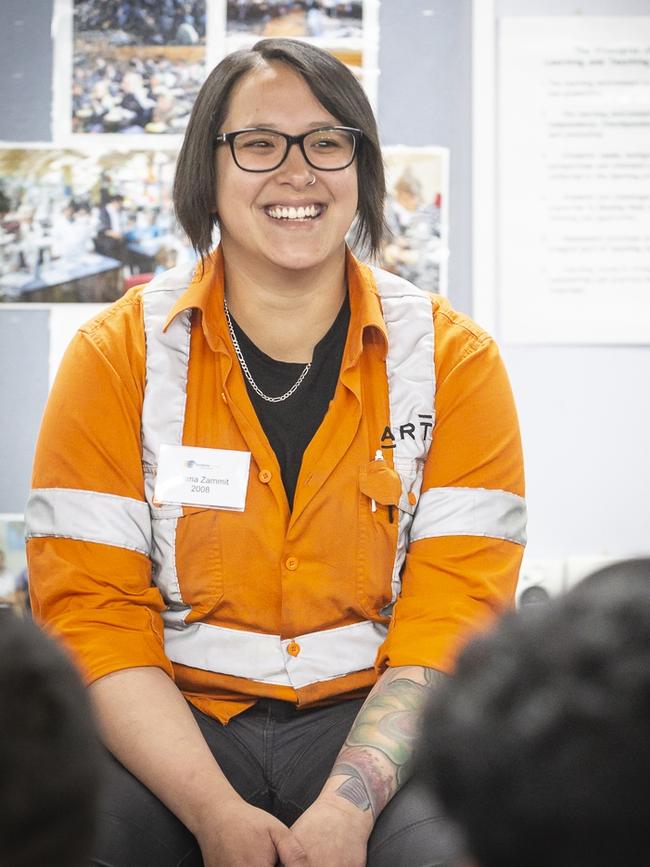 Electrician Emma Zammit chats to students. Picture: Ken Spence