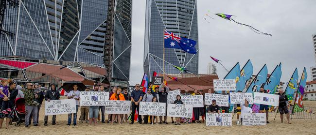 Laid off workers protested at the Jewel development’s international kite festival as developer Yuhu Group’s director Jimmy Huang and fellow bosses hosted a VIP reception for dignitaries inside the Experience Centre. Picture: Jerad Williams