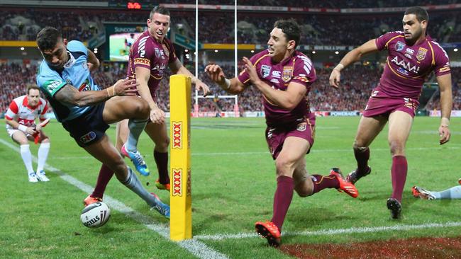 Nathan Merritt tackled into touch during his one and only Origin match.