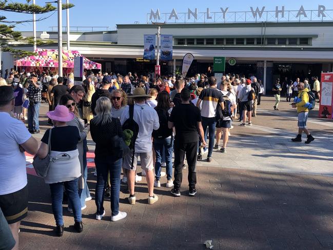 A long queue formed outside Manly Wharf on Sunday, after an Emerald -class Manly ferry was withdrawn from service due to mechanical issues. Picture; Jim O'Rourke