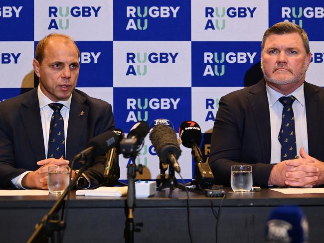 MELBOURNE, AUSTRALIA - MAY 30: Rugby Australia CEO Phil Waugh and Rugby Australia Chair Daniel Herbert speak to the media during a press conference at  InterContinental Melbourne The Rialto on May 30, 2024 in Melbourne, Australia. Rugby Australia announced the results of an application from a consortium seeking a participation agreement for the Melbourne. Rebels in the 2025 Super Rugby Pacific competition. (Photo by Morgan Hancock/Getty Images)