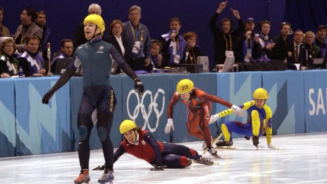 Steven Bradbury wins a gold medal at the 2002 Salt Lake City Winter Olympics