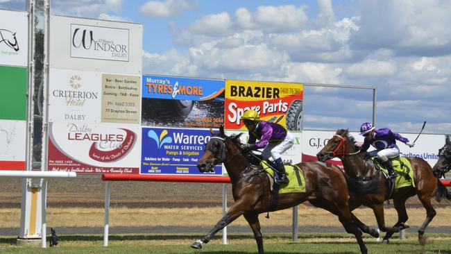 Real Fine Wine finishes strongly for Kenji Yoshida to win today's Two-Year-Old Handicap at Bunya Park. Picture: Glen McCullough