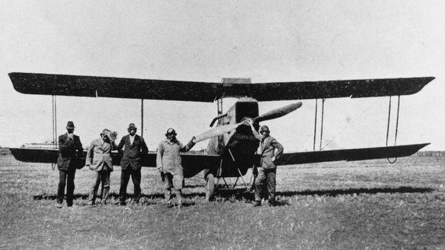 The first Longreach to Winton flight, in 1921, was piloted by Paul McGinness, with Fergus McMaster among the passengers. Picture: State Library of Queensland.