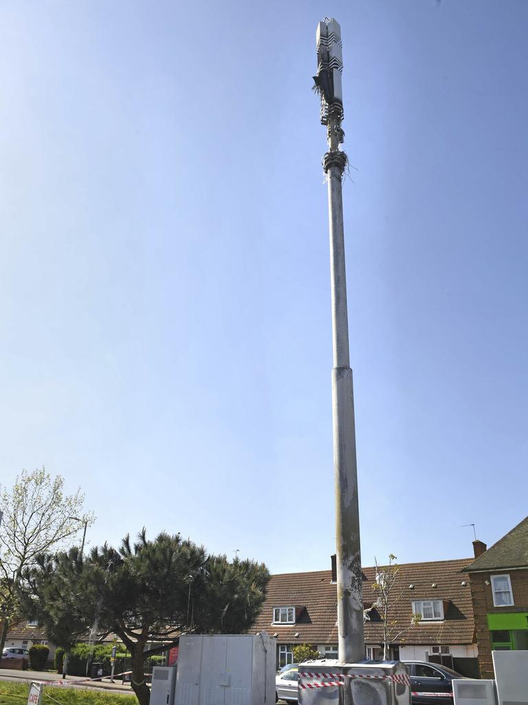 A cell tower after it was lit on fire in Dagenham, England. Picture: PA via AP/Stefan Rousseau