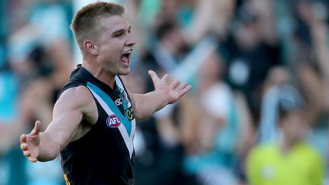 Port Adelaide’s Ollie Wines celebrates a goal. Picture: Simon Cross.