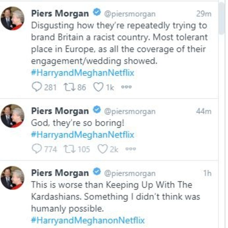 Piers Morgan's reaction on Twitter to Harry and Meghan’s Netflix Docuseries. Picture: Twitter/ Piers Morgan