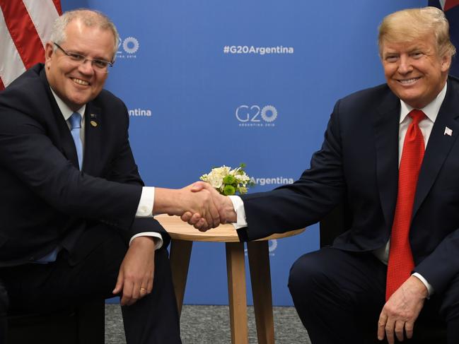 G’day maaate. Australian Prime Minister Scott Morrison with US President Donald Trump during a meeting on the sidelines of the G20 Leaders' Summit in Buenos Aires. Picture: Saul Loeb/AFP