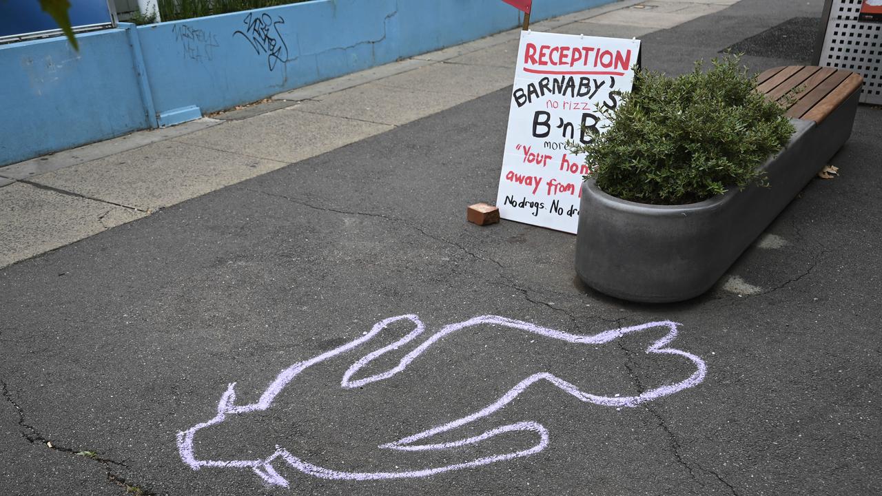 An outline next to a planter box where Mr Joyce was filmed intoxicated on his back. Picture: NCA NewsWire / Martin Ollman