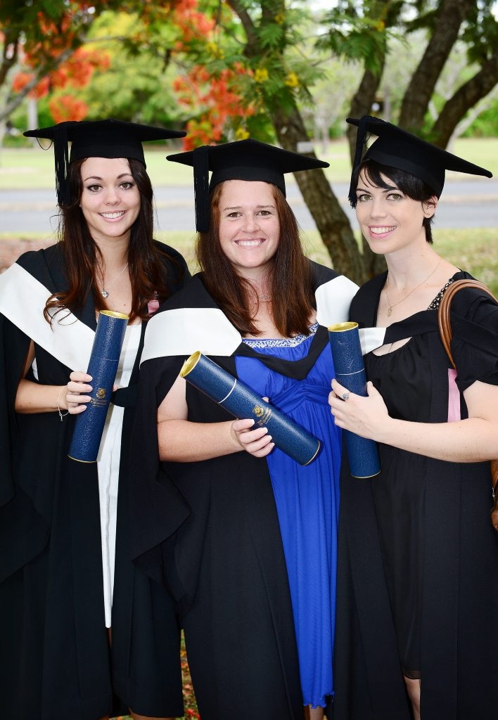 University of Queensland Gatton campus graduation ceremony for Vet Science students. From left, Denise Lilwall, Bethanie Tillman, and Alison Trafford. Photo: David Nielsen / The Queensland Times. Picture: David Nielsen