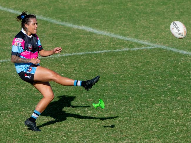 Crystal Browne tees off for Sharks against Sistaz. Picture: Che Chorley