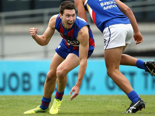 Xavier O'Neill celebrates a goal. Picture: Robert Prezioso/AFL Media/Getty Images