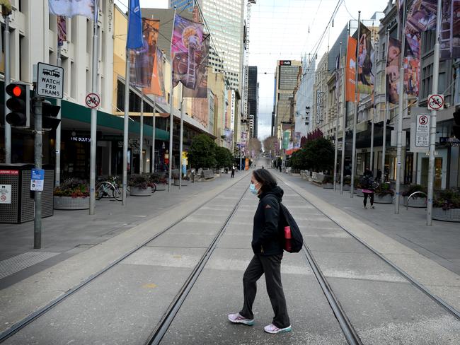 MELBOURNE, AUSTRALIA - NewsWire Photos JULY 21: The Bourke Street Mall is almost empty as stage-3 restrictions force people to stay at home. Picture: NCA NewsWire / Andrew Henshaw