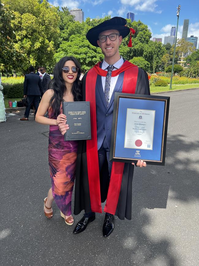 Arezo Shoghi and Dr Yianni Droungas (Doctor of Philosophy) at the University of Melbourne graduations held at the Royal Exhibition Building on Tuesday, December 17, 2024. Picture: Jack Colantuono