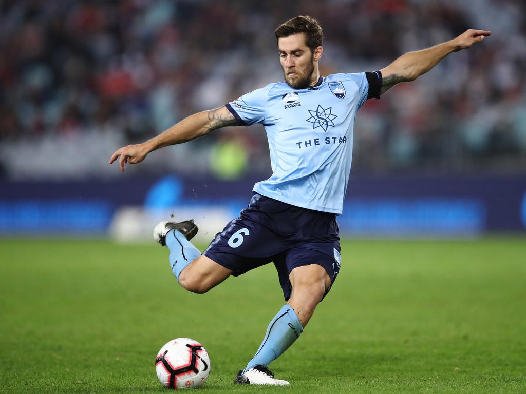 Josh Brillante of Sydney shoots for goal during the Round 25 A-League match between the Western Sydney Wanderers and Sydney FC at ANZ Stadium in Sydney, Saturday, April 13, 2019. (AAP Image/Brendon Thorne) NO ARCHIVING, EDITORIAL USE ONLY