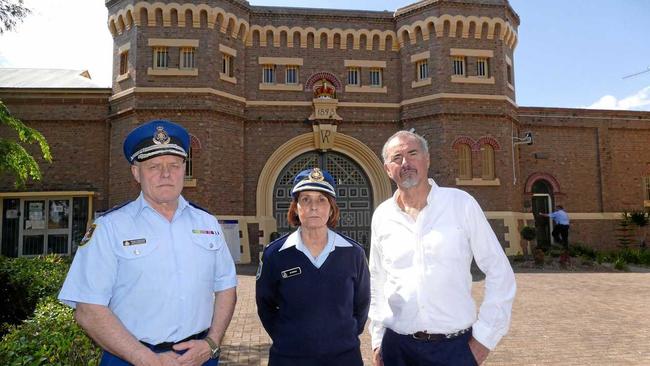 NSW Corrective Services deputy commissioner Kevin Corcoran, left, Grafton jail governor Michelle Paynter and Clarence MP Chris Gulaptis at the announcement of next years closure of the old jail. Picture: Adam Hourigan