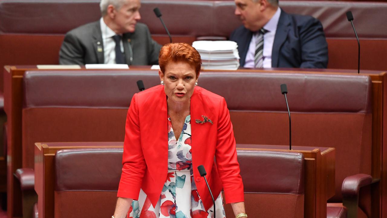 Making a point: Senator Hanson speaking on the Fair Work Amendment Bill 2021 in March this year. Picture: Getty Images.