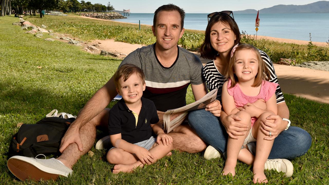 Townsville residents relaxing on the Strand after the relaxation of COVID-19 restrictions. Trent and Louisa Engel with Luca, 2, and Isabelle, 4, from Kirwan. Picture: Evan Morgan