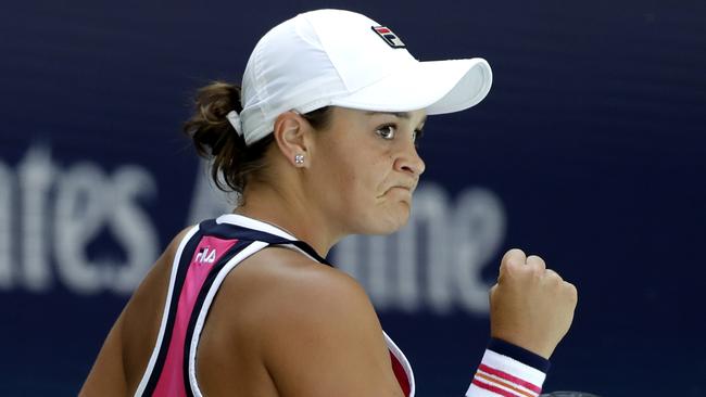 Ashleigh Barty reacts after winning a point against Zarina Diyas, of Kazakhstan, during the first round of the US Open tennis tournament.