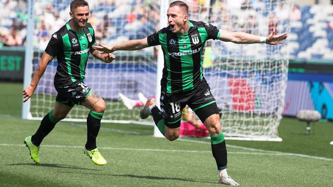Western United striker Besart Berisha, right, celebrates his goal against Central Coast Mariners at GMHBA Stadium. Picture: AAP