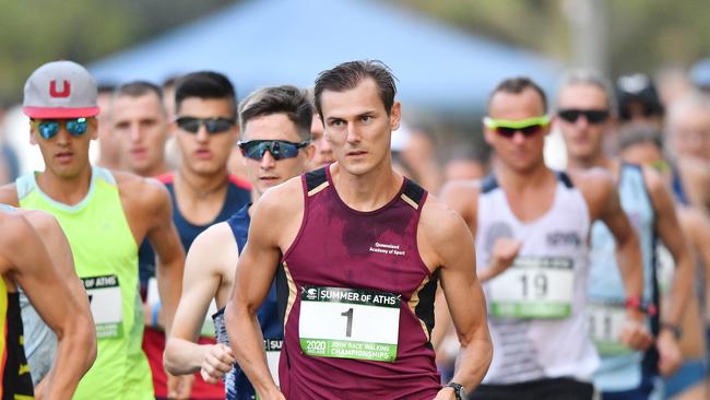 Dane Bird-Smith (centre) is seen during the Australian 20km Race Walking Championships in February. Picture: AAP/David Mariuz