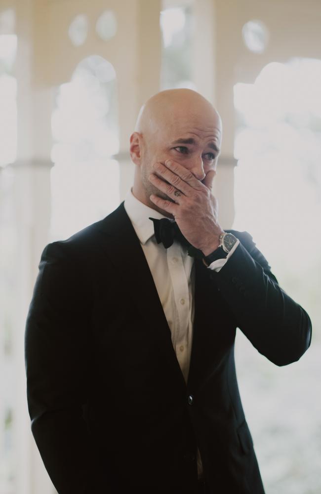 The beautiful moment at the altar that groom Blair Surmon saw his bride Claire Turner for the first time. Picture: Leah Cruickshank