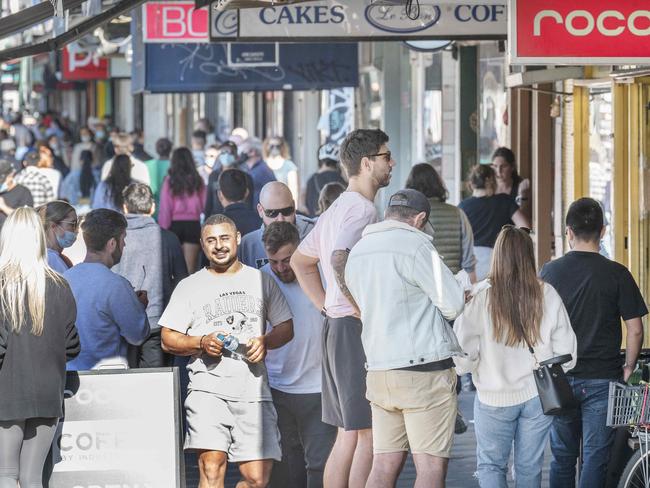 Crowds of people on Acland Street, St Kilda on Sunday. Picture: Rob Leeson