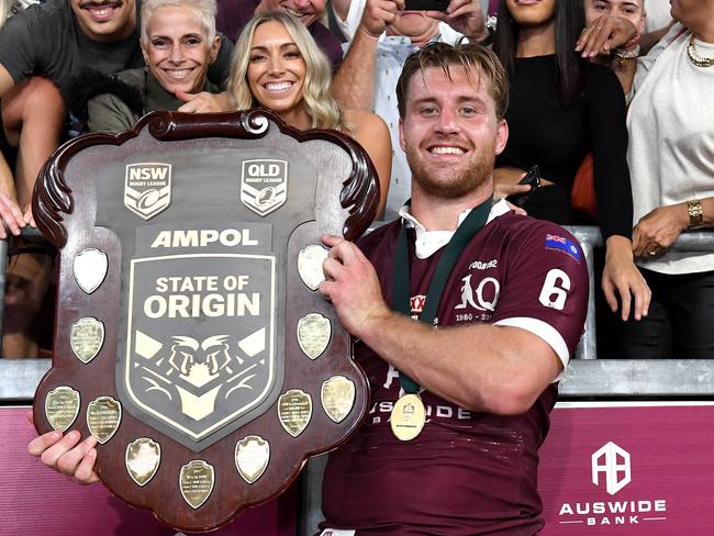 BRISBANE, AUSTRALIA - NOVEMBER 18:  Cameron Munster of the Maroons celebrates victory after game three of the State of Origin series between the Queensland Maroons and the New South Wales Blues at Suncorp Stadium on November 18, 2020 in Brisbane, Australia. (Photo by Bradley Kanaris/Getty Images)