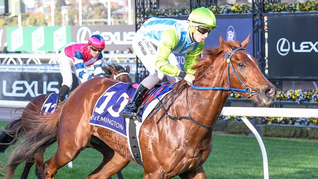 Jockey Lewis German rides Front Page to victory in the Creswick Stakes. Picture: AAP