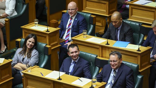 Ministers Erica Stanford, Matt Doocey, Simeon Brown, Tama Potaka and Shane Reti look on during question time at New Zealand Parliament on March 6. Picture: Hagen Hopkins/Getty Images