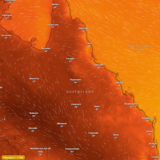 Temperatures are set to climb as high as 29C in Brisbane and up to 43C in the South West on Monday. Photo: Windy.