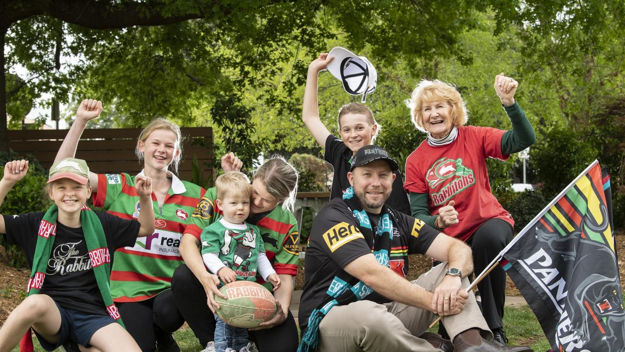 (From left) Ellie Sharpe, Emma Sharpe, Hudson Glass, Beccy Glass, Jack Sharpe and Jan Ede with Panthers fan Nick Hauser (front). Picture: Nev Madsen.