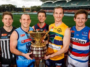 SANFL captains L-R Steven Summerton Port Adelaide,  Zane Kirkwood Sturt, Matt Panos Norwood, Luke Thompson Woodville-West Torrens, Trent Goodrem Central District, are photographed at Adelaide Oval, South Australia, Tuesday, August 29th, 2017 (AAP Image/James Elsby). 2017 SANFL Macca's League Finals Launch.