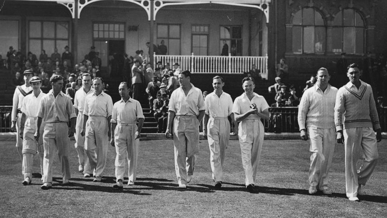 This is the only photo the great Keith Miller wanted on his wall. It’s the 1945 Australian Services team taking the field in England with the partially obscured Graham Williams on the far left. Picture: Supplied