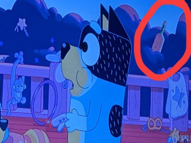 US fans were left confused by a ‘wine bottle’ in the background of a Bluey episode. Picture: Facebook