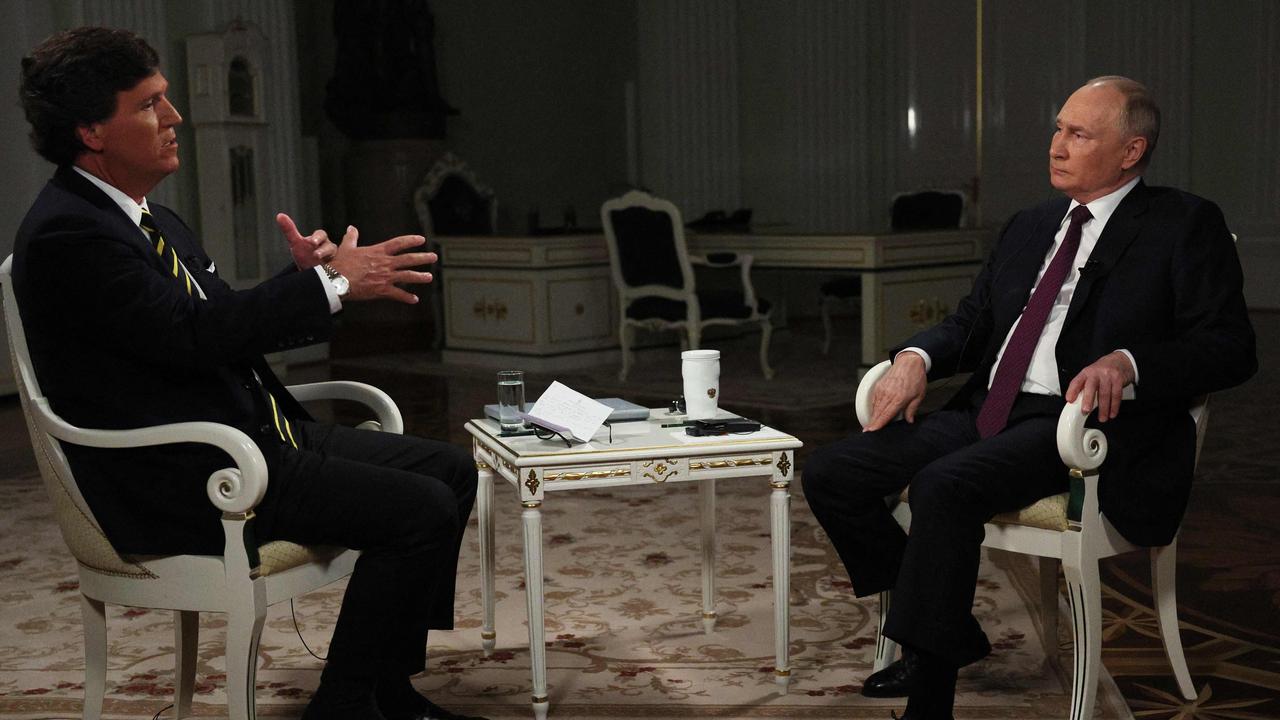 Russia's President Vladimir Putin gives an interview to Tucker Carlson at the Kremlin in Moscow. Picture: AFP