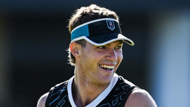 ADELAIDE, AUSTRALIA - APRIL 04:  Mitch Georgiades of the Power during the Port Adelaide Power captain's run at Alberton Oval on April 04, 2024 in Adelaide, Australia. (Photo by Mark Brake/Getty Images)