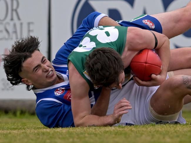 East SunburyÃs Kane Vanroosmalen and Sunbury KangaroosÃ Brody Watts during the EDFL: East Sunbury v Sunbury Kangaroosfootball match in Sunbury, Saturday, May 27, 2023. Picture: Andy Brownbill