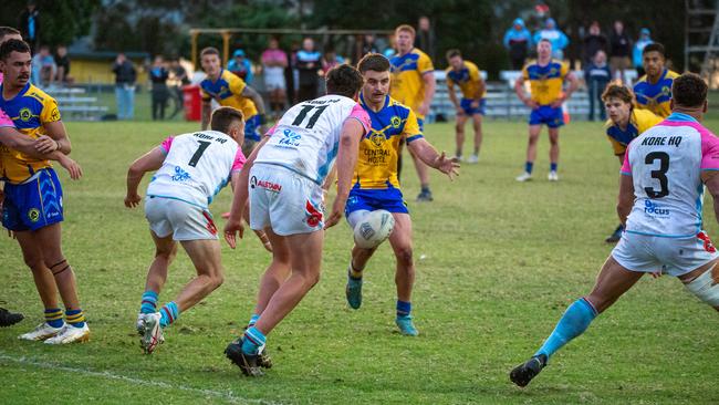 Warilla-Lake South Vs Milton-Ulladulla. Blair Grant chipping the ball though to the try line. Picture: Thomas Lisson