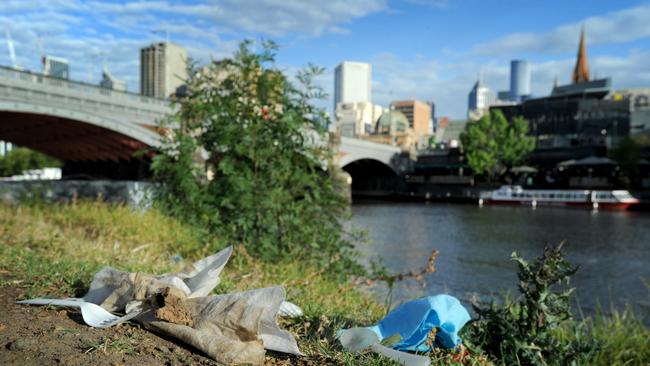 Rubbish along the Yarra. Picture: Andrew Henshaw