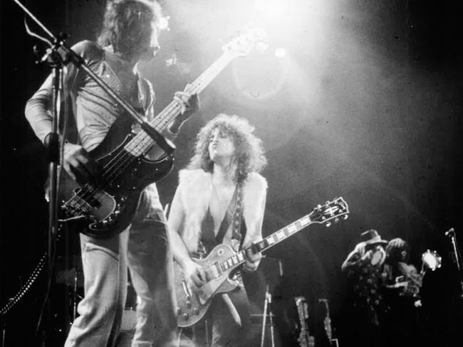 Marc Bolan (right) on stage with T. Rex bass guitarist Steve Currie in the early 1970s.