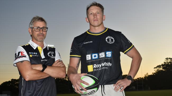 Caloundra Rugby Union 2023 head coach Dan Atkins with captain Jake Helgesen. Picture: Eddie Franklin