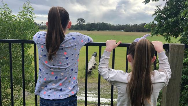 Residents look at the Brisbane Polo Grounds development site at Tingalpa from their backyard.