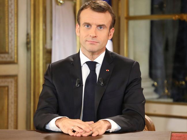 French President Emmanuel Macron speaks during a special address to the nation, his first public comments after four weeks of nationwide “yellow vest” protests on December 10. Picture: Ludovic Marin/AFP