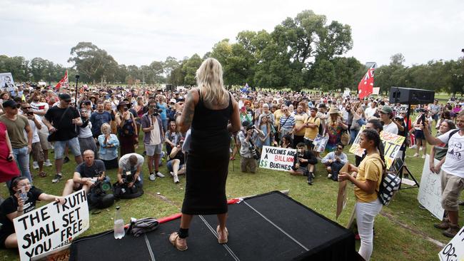 Speakers address the crowds at Fawkner Park. Picture: David Geraghty