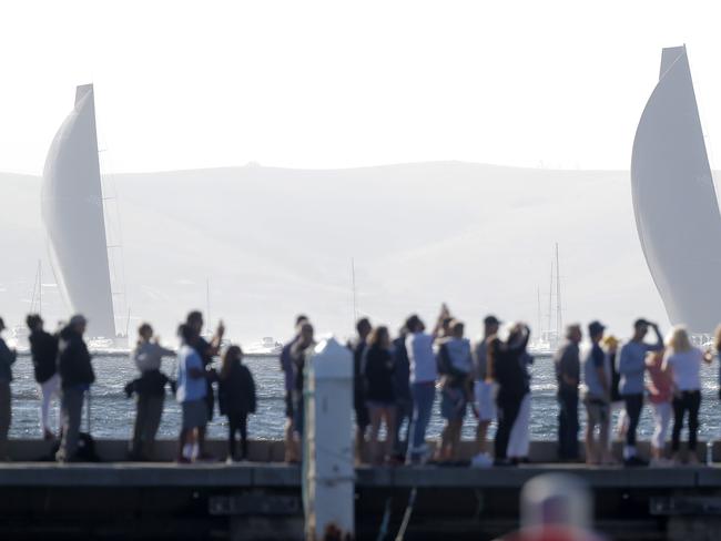 Black Jack and Comanche battle it out for second place in the Sydney to Hobart Yacht race. Wild Oats XI skippered by Mark Richards sails up the River Derwent on her way to a 9th line honours victory in the 2018 Sydney to Hobart Yacht Race. The yacht crossed the line in 1d 19hrs 7mins 21secs . Picture: RICHARD JUPE