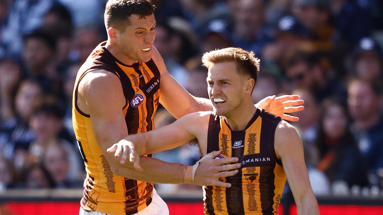 Hawthorn wingman Harry Morrison (right) is set to remain at the club in 2025. Picture: Michael Willson / Getty Images