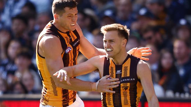 Hawthorn wingman Harry Morrison (right) is set to remain at the club in 2025. Picture: Michael Willson / Getty Images