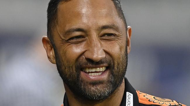 TOWNSVILLE, AUSTRALIA - MAY 24: Tigers coach Benji Marshall looks on before the start of the round 12 NRL match between North Queensland Cowboys and Wests Tigers at Qld Country Bank Stadium, on May 24, 2024, in Townsville, Australia. (Photo by Ian Hitchcock/Getty Images)