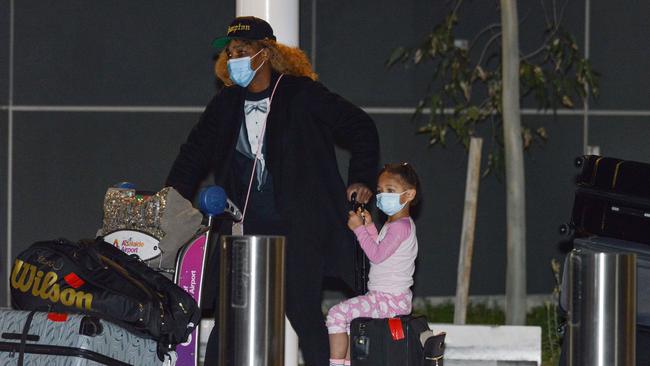 American tennis player Serena Williams and her daughter Alexis Olympia Ohanian Jr. arrive at Adelaide Airport. Picture: Brenton Edwards/ AFP